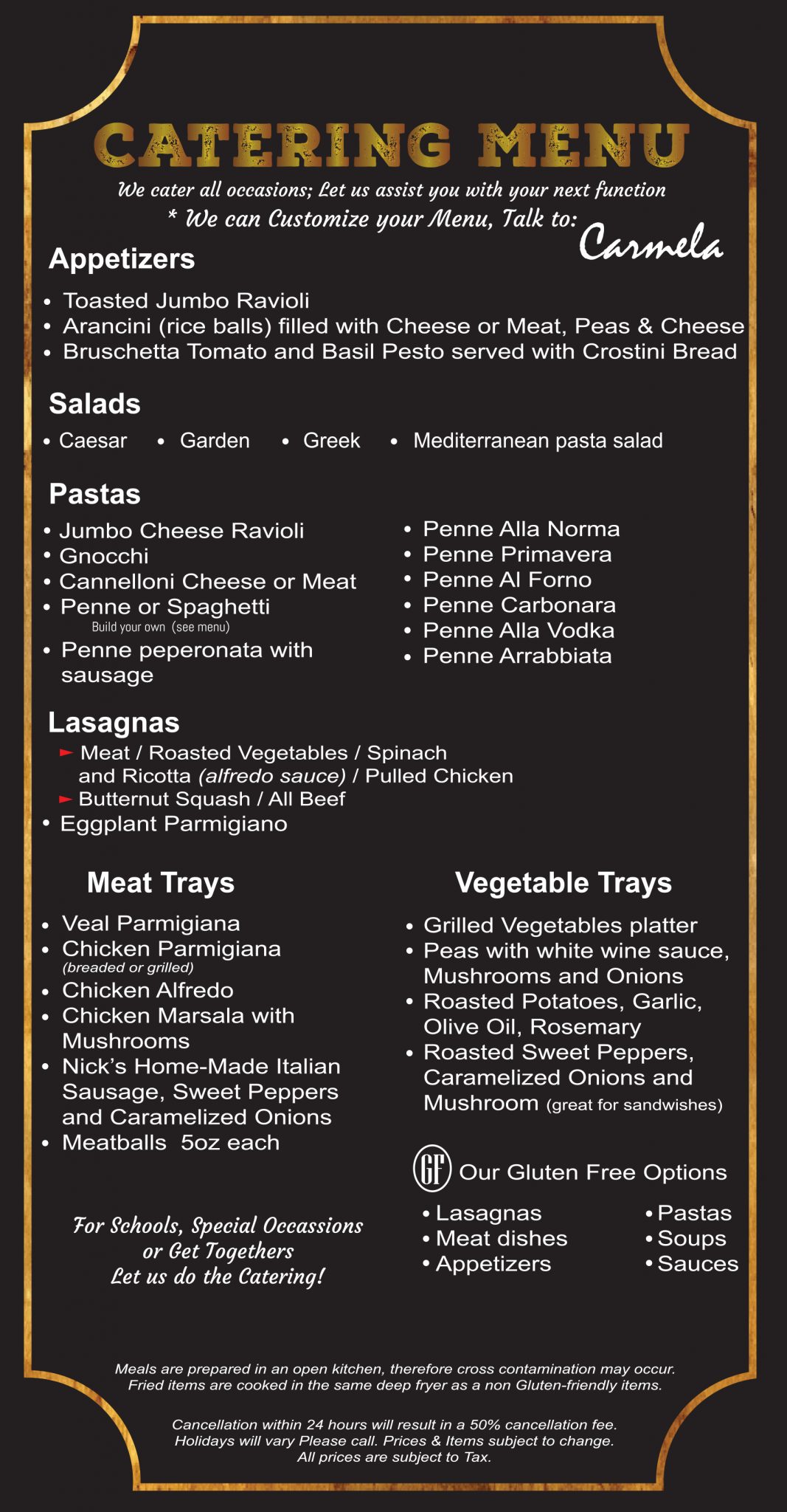 La Pizza Pasta take catering menu