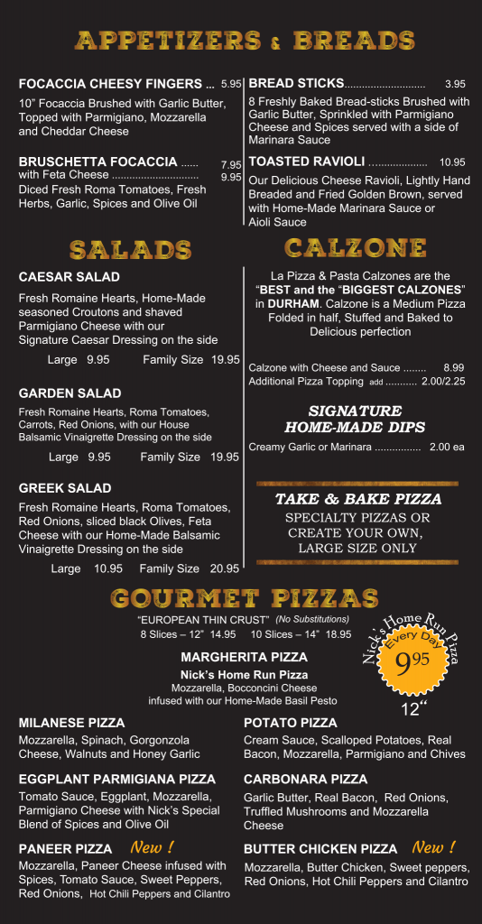 La Pizza Pasta menu.