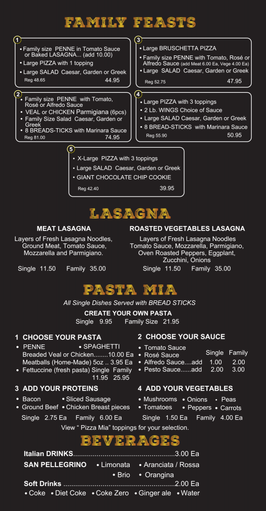 La Pizza Pasta menu.